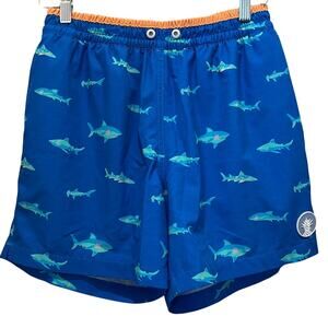 CHUBBIES Swimwear Sz MD Lined Trunks Blue Shark Print Elastic Waist 5.5" Inseam
